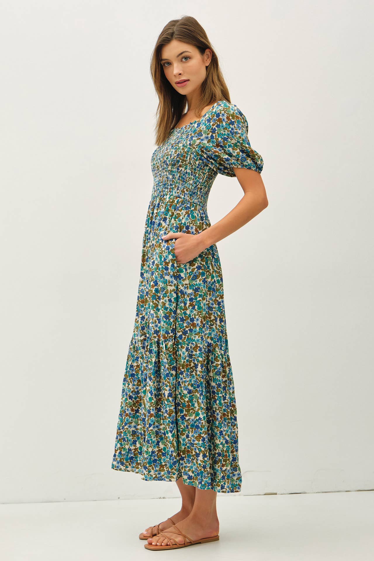 FLORAL PRINT SMOCKED BODICE TIERED MIDI DRESS
