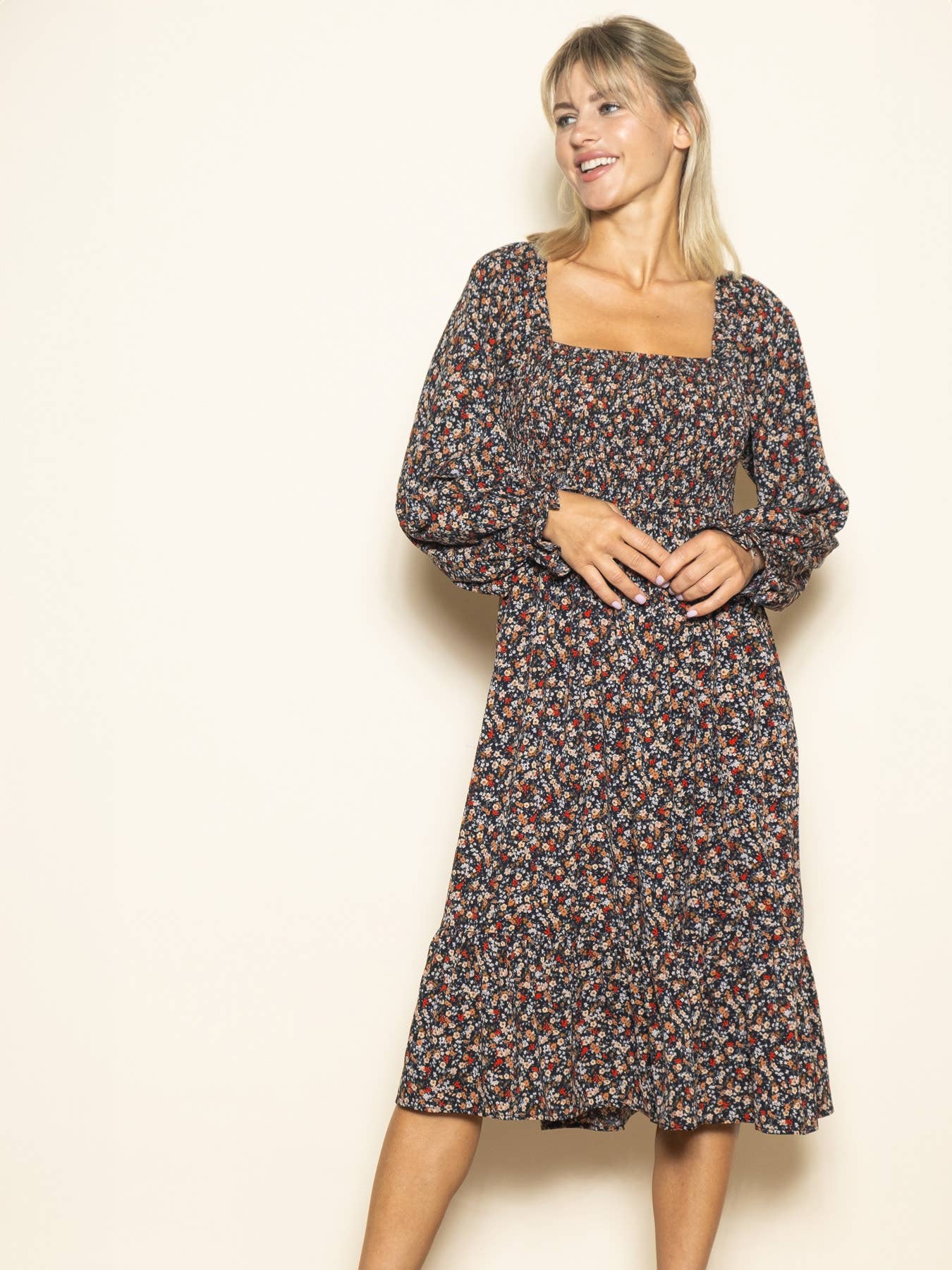Long Sleeve Velvet Back Tie Floral Midi Dress with Pockets