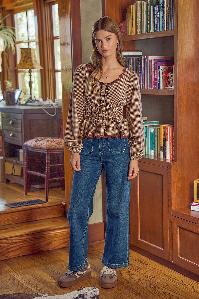 GINGHAM CHECK LACE TRIM RUCHED BODICE BLOUSE TOP