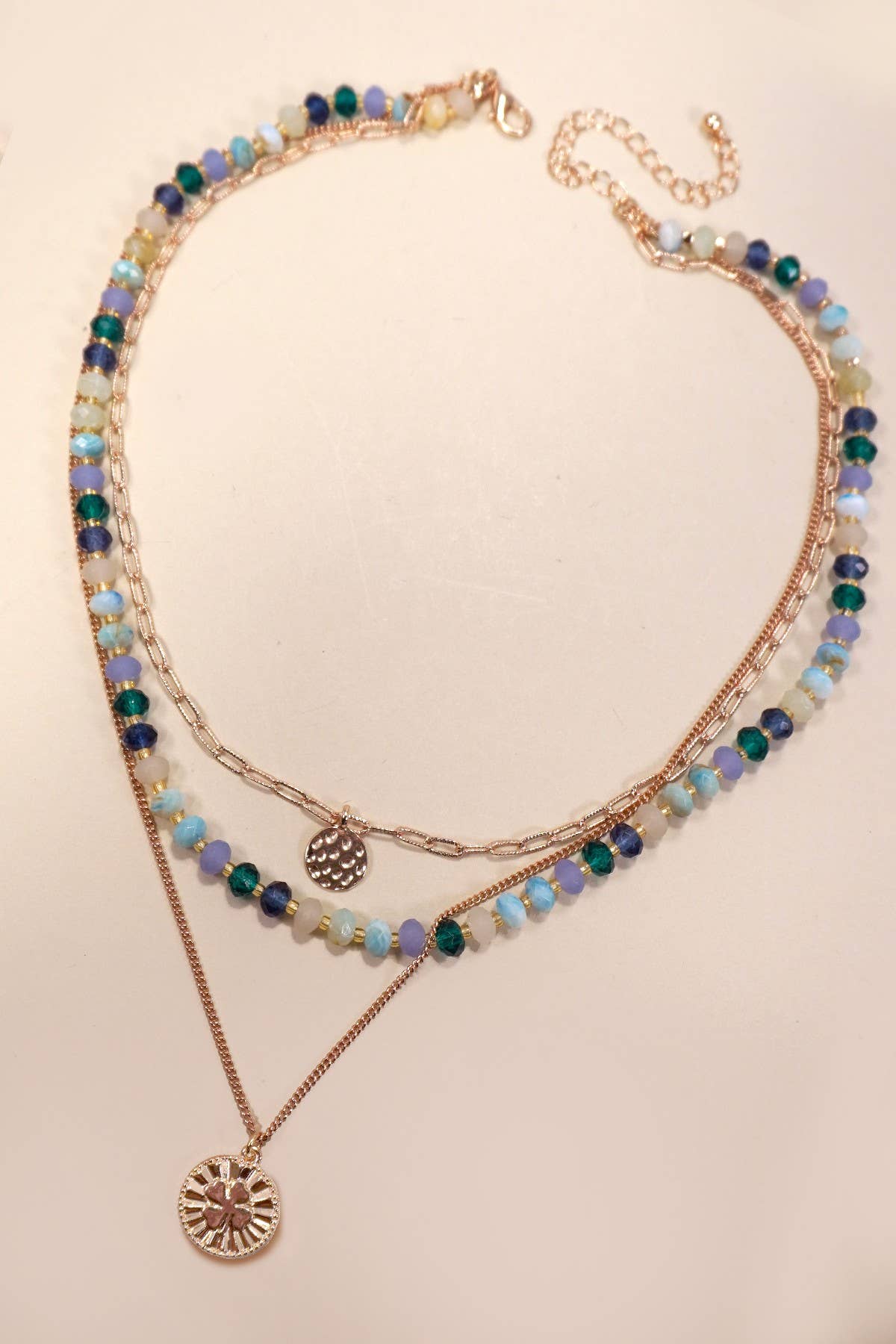 LAYERED BEADED CLOVER CHARM NECKLACE