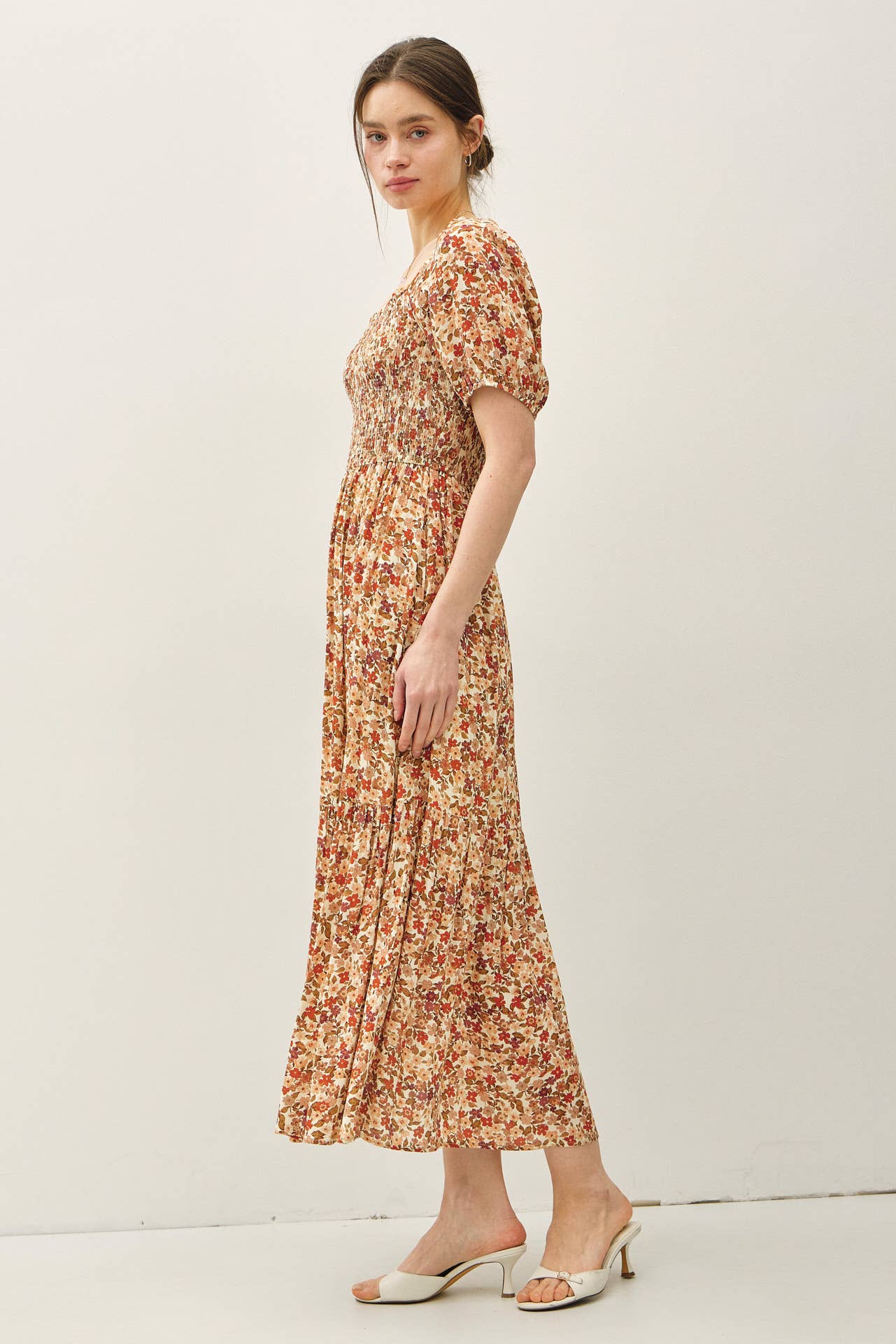 FLORAL PRINT SMOCKED BODICE TIERED MIDI DRESS