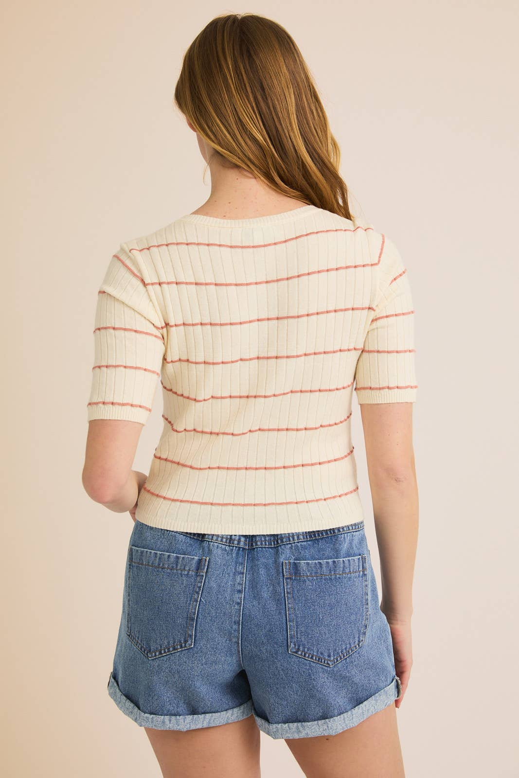CREAM\PINK ROUND NECK STRIPE HALF SLEEVE RIBBED TOP