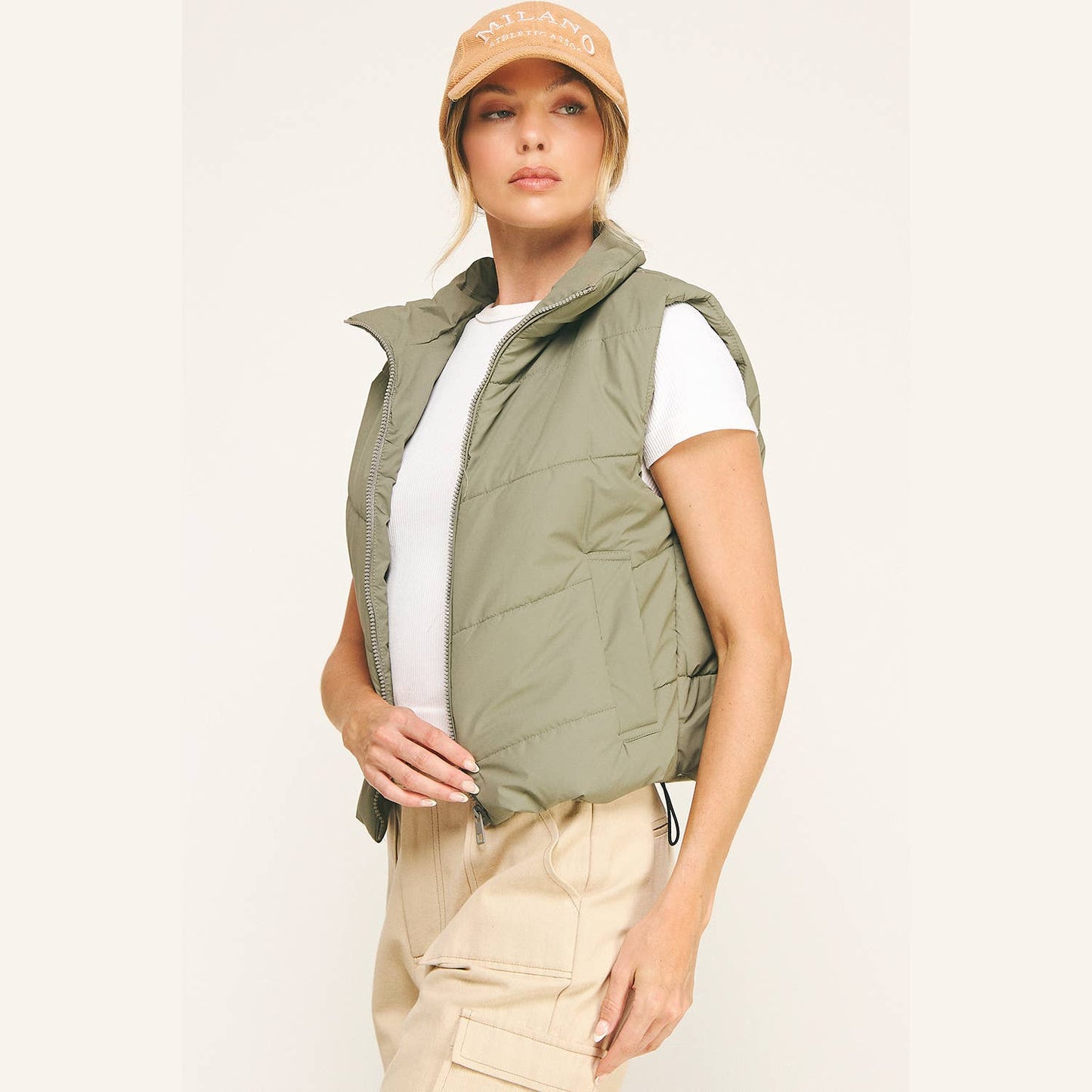 OLIVE CHEVRON QUILTED CROPPED PADDED VEST