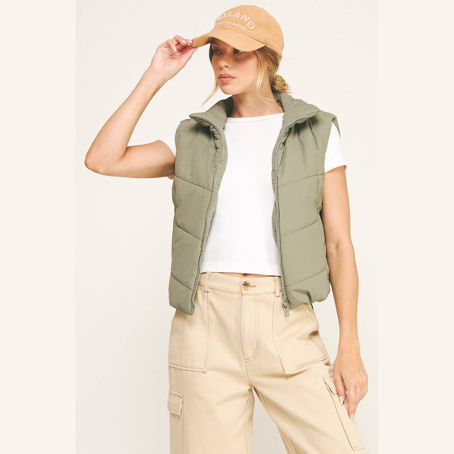 OLIVE CHEVRON QUILTED CROPPED PADDED VEST