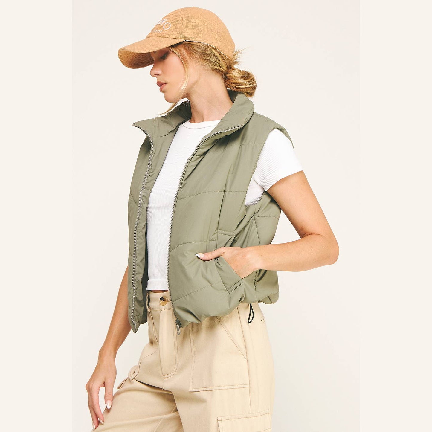 OLIVE CHEVRON QUILTED CROPPED PADDED VEST