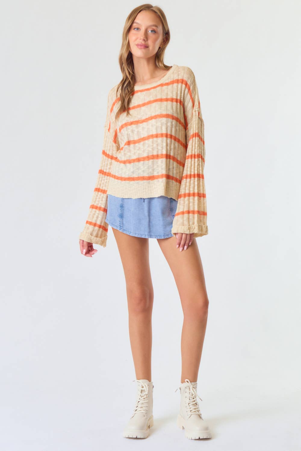 ORANGE BLOSSOM RIB TEXTURE STRIPE FLARED SLEEVE SWEATER