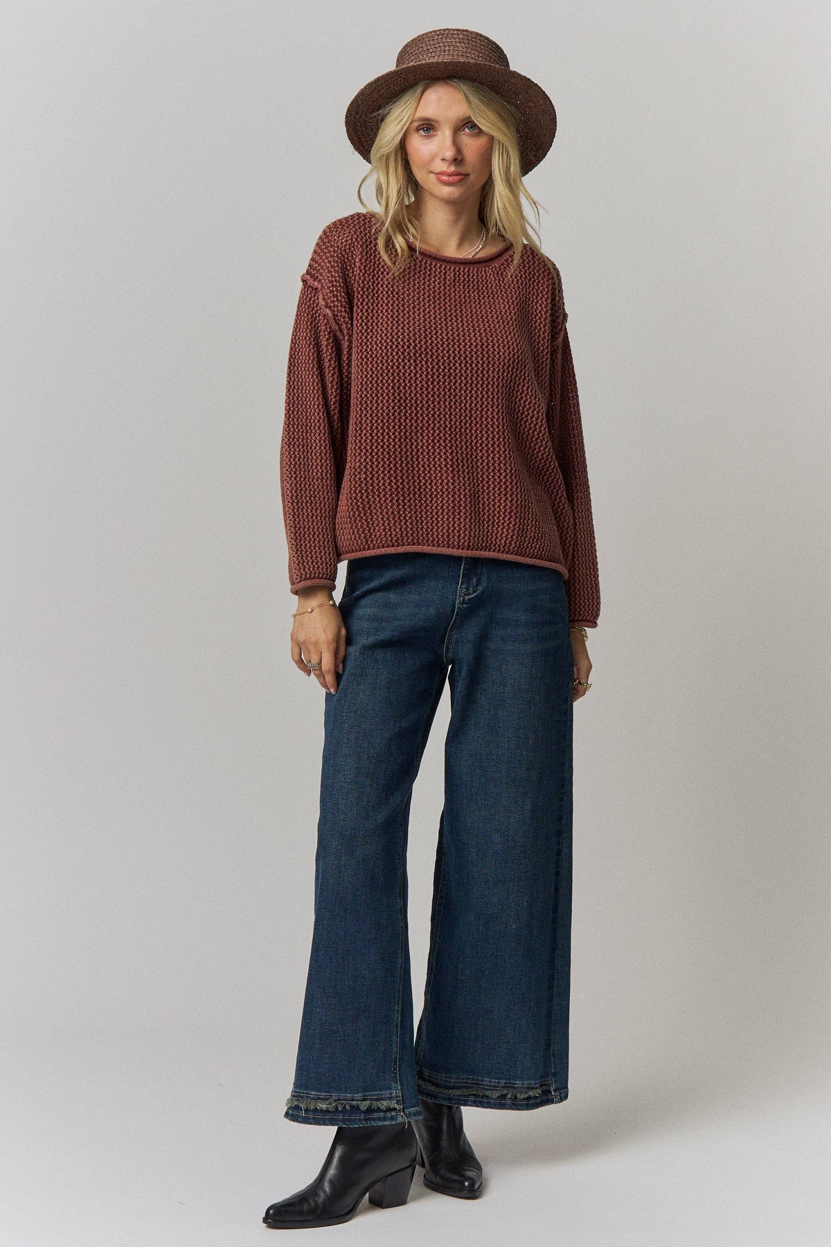 ROLLED HEM TEXTURED KNIT SWEATER
