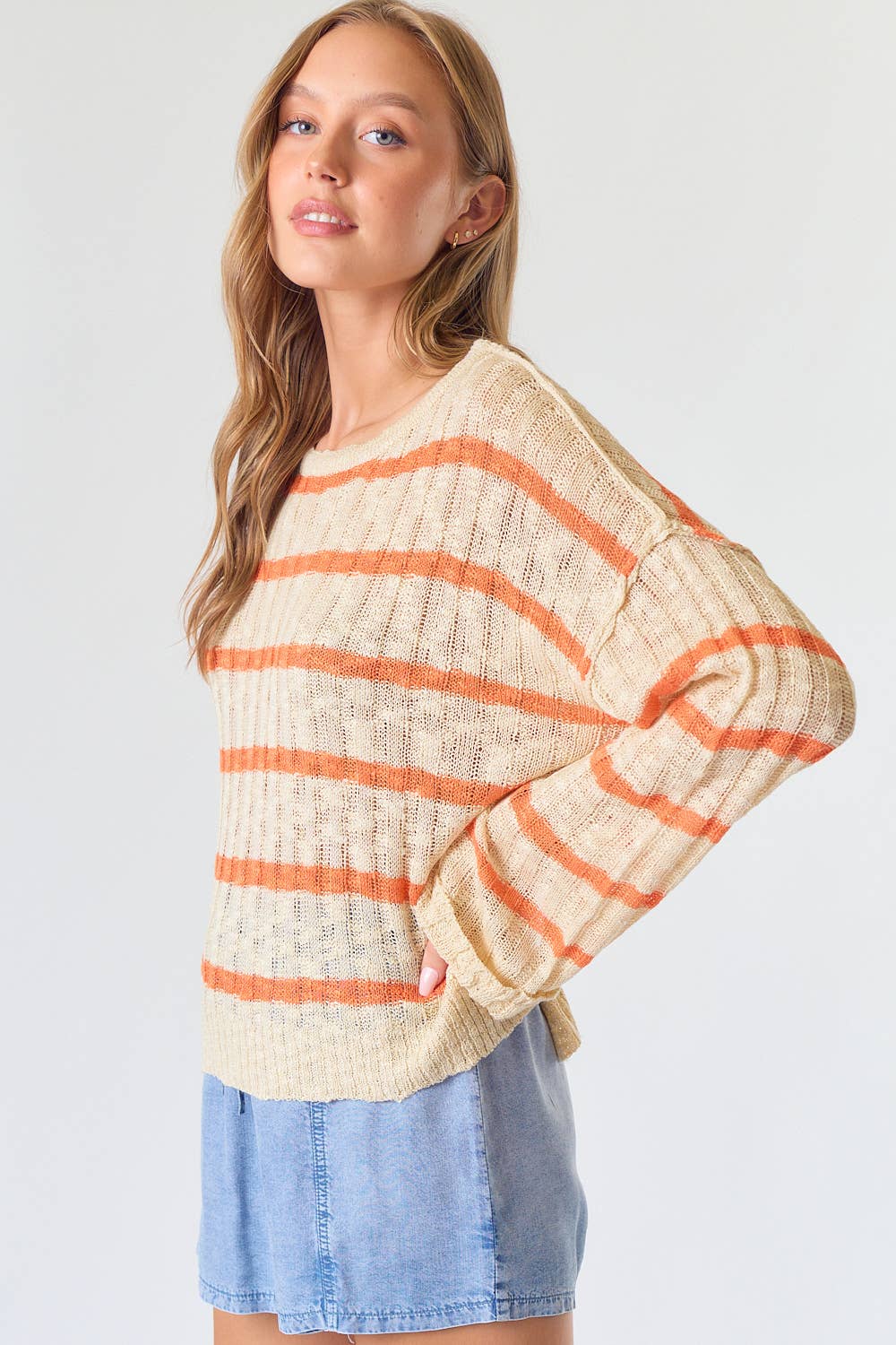 ORANGE BLOSSOM RIB TEXTURE STRIPE FLARED SLEEVE SWEATER
