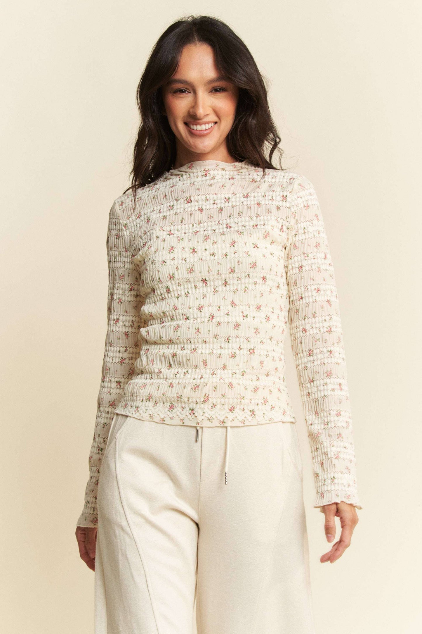 FLORAL PRINT MOCK NECK LONG SLEEVES KNIT TOP