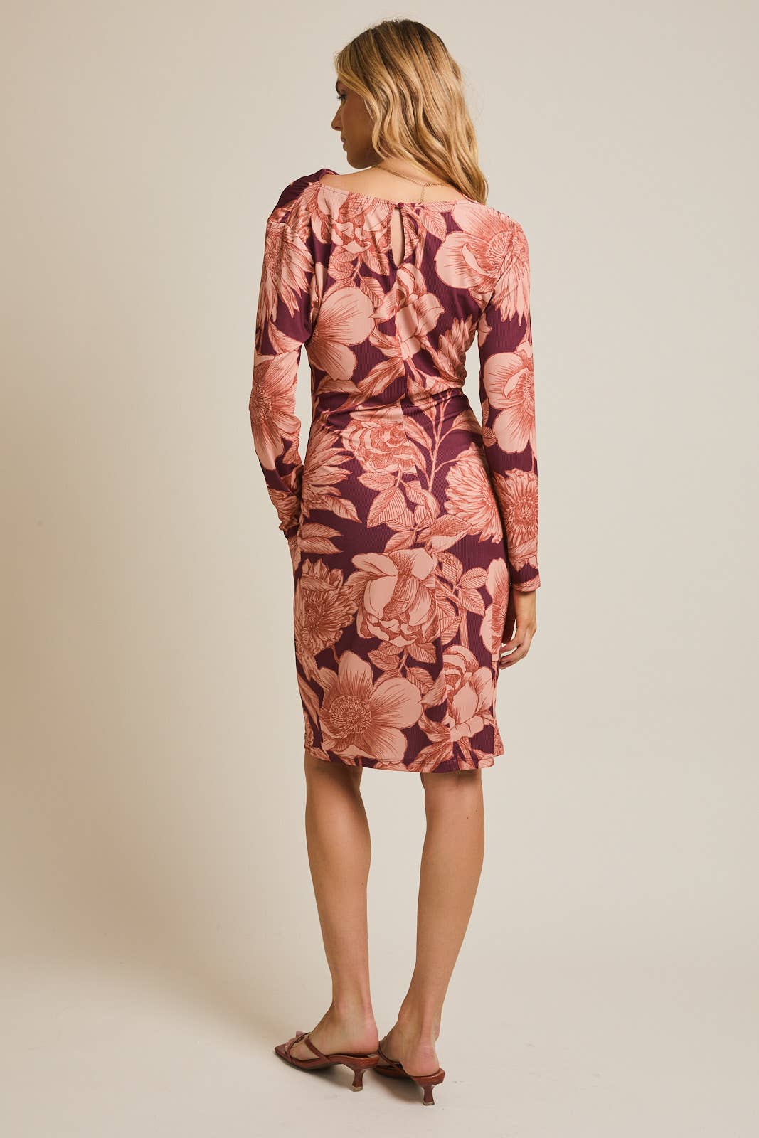 COWL NECK LONG SLEEVE FLORAL PRINT MIDI DRESS
