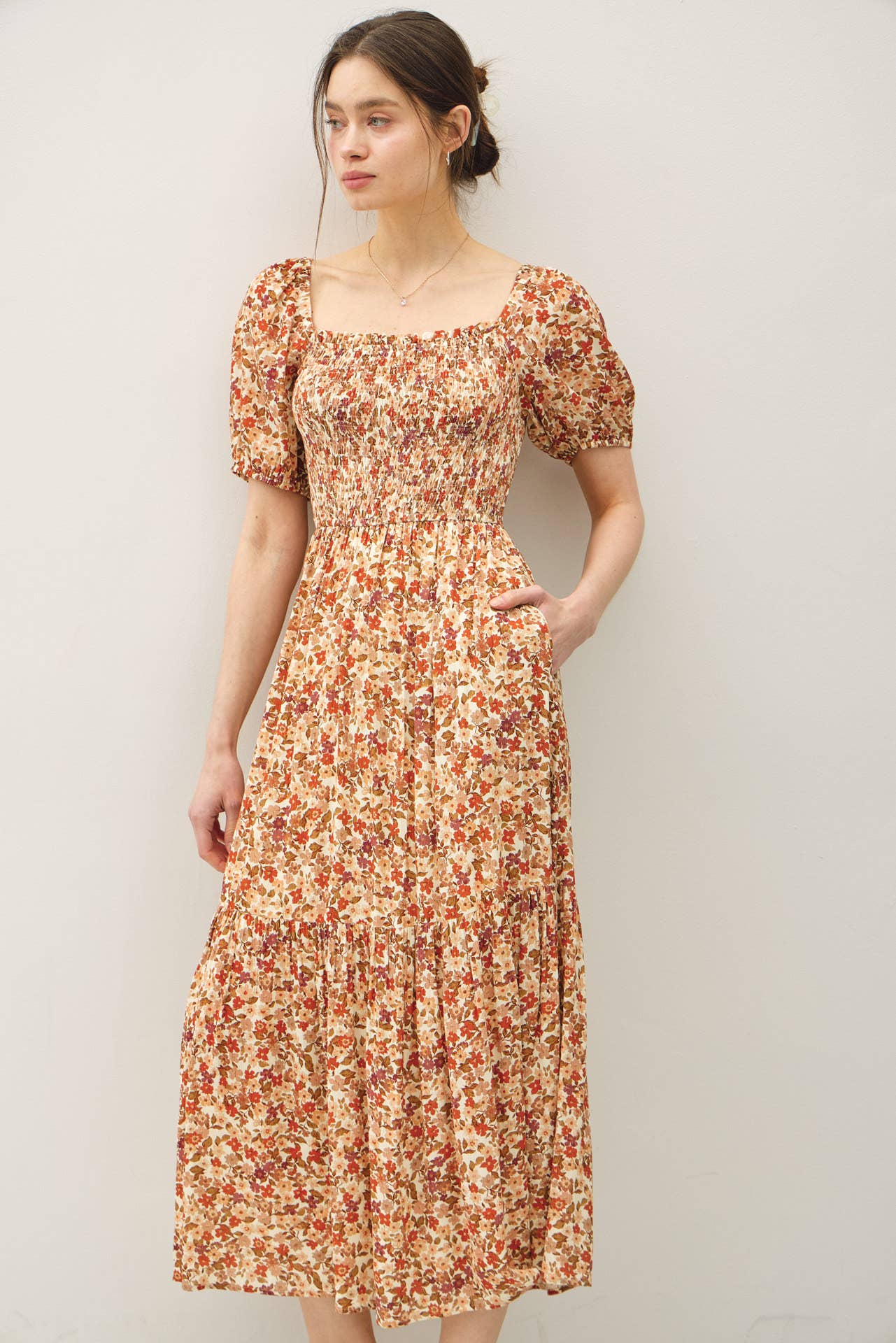 FLORAL PRINT SMOCKED BODICE TIERED MIDI DRESS