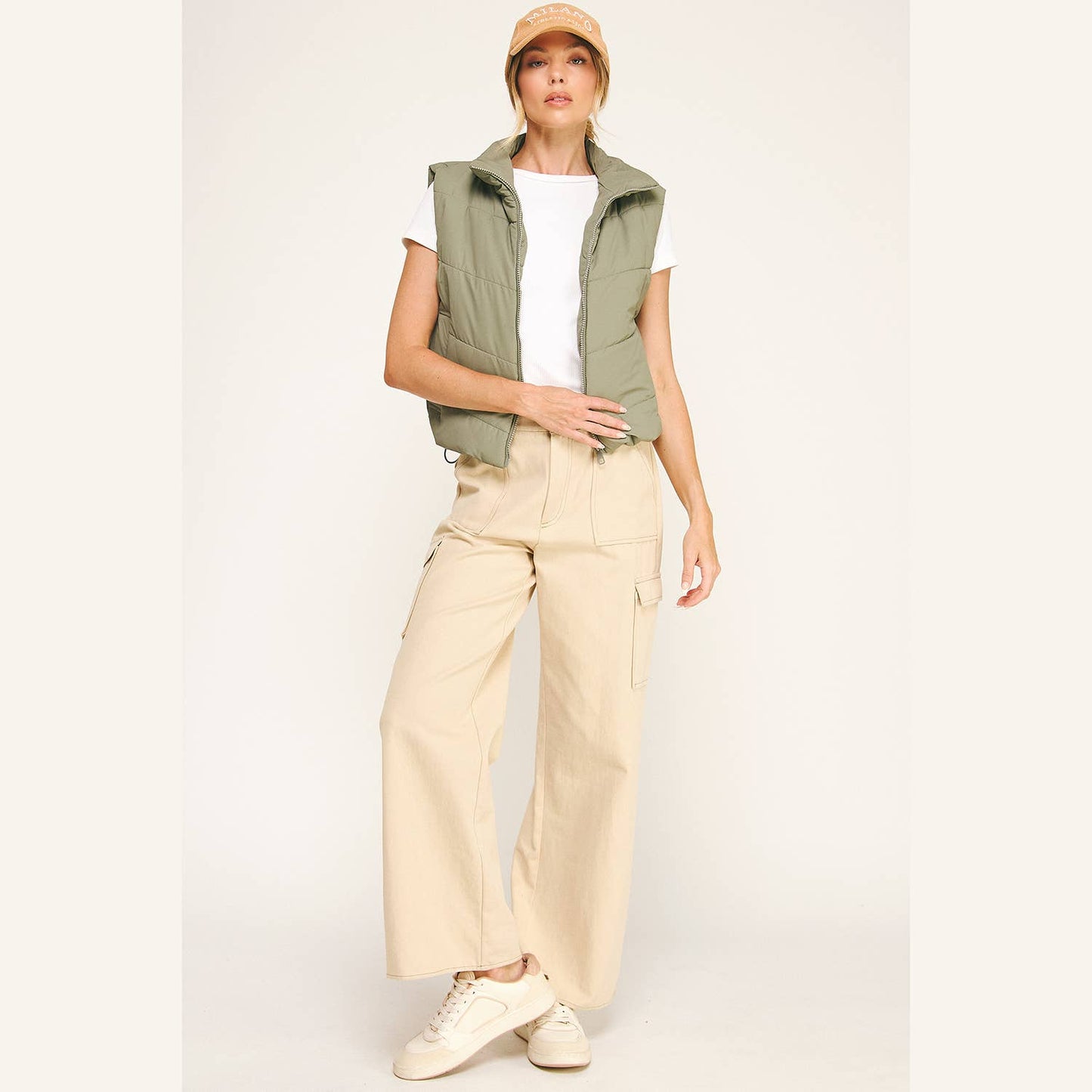 OLIVE CHEVRON QUILTED CROPPED PADDED VEST