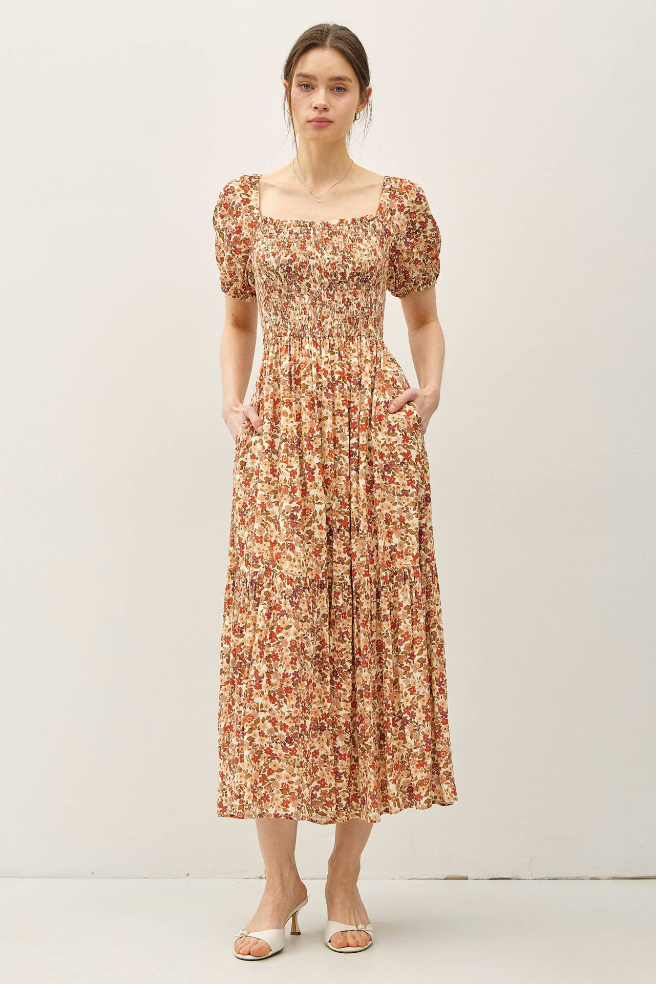 FLORAL PRINT SMOCKED BODICE TIERED MIDI DRESS