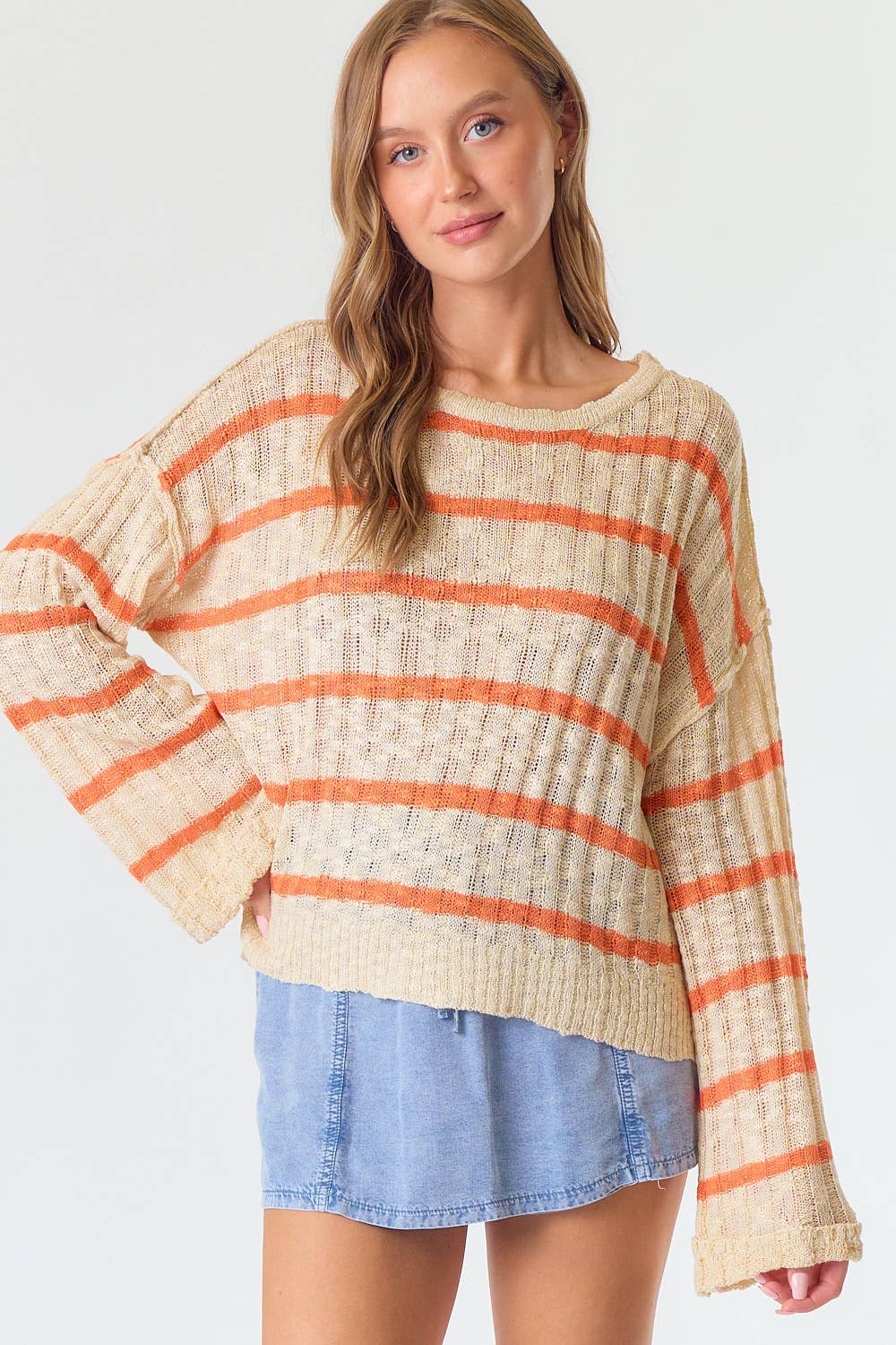 ORANGE BLOSSOM RIB TEXTURE STRIPE FLARED SLEEVE SWEATER