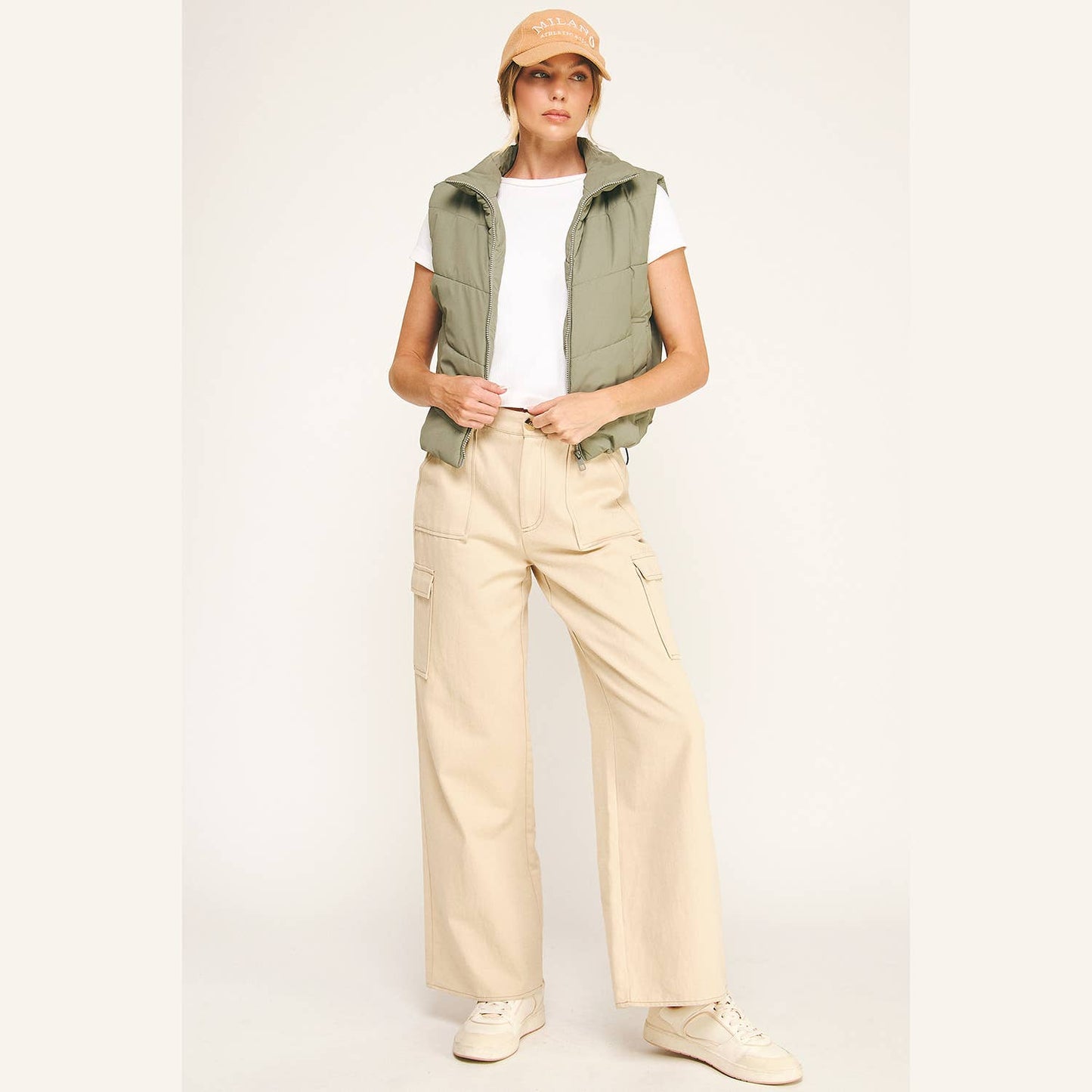 OLIVE CHEVRON QUILTED CROPPED PADDED VEST