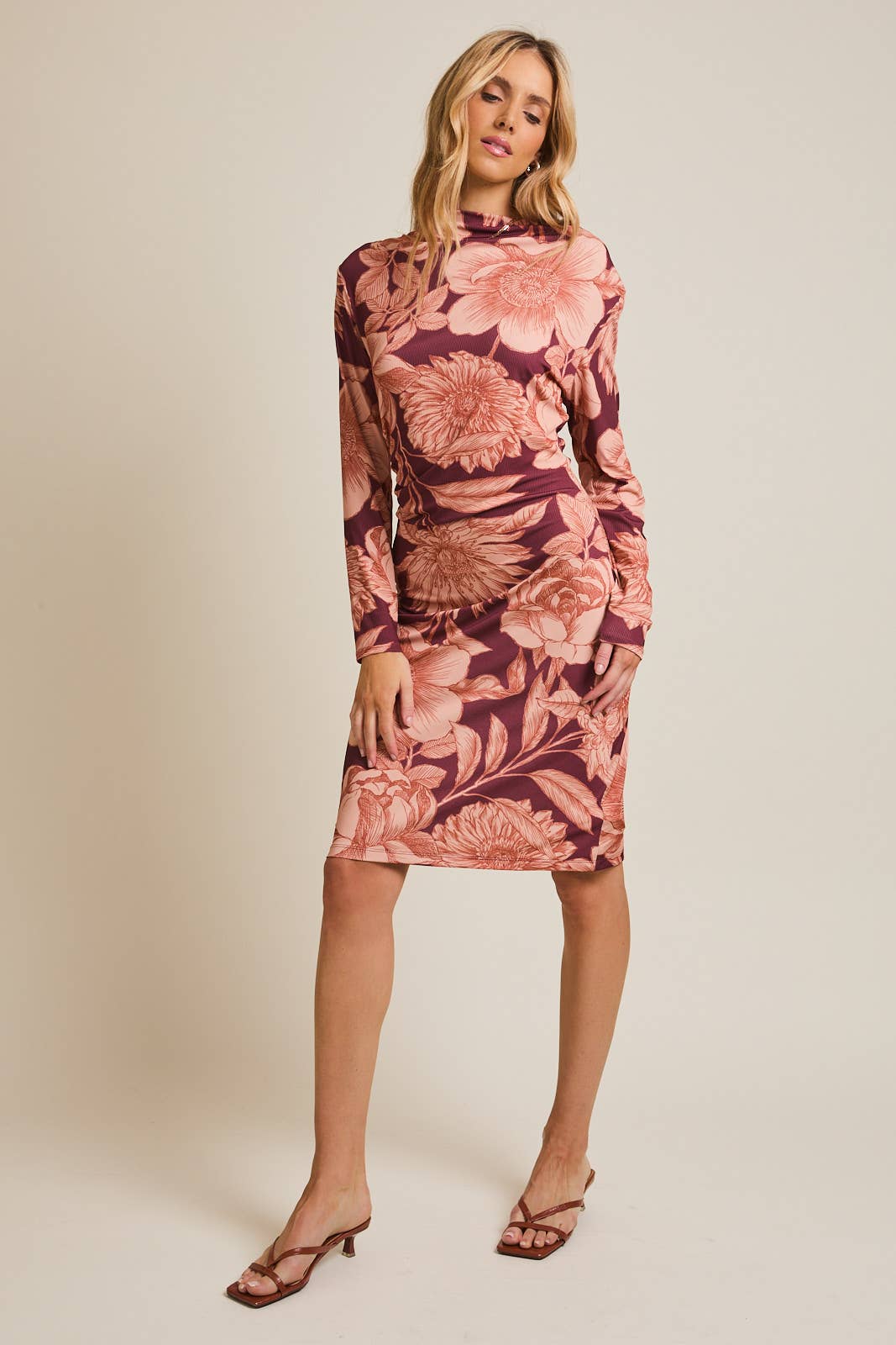 COWL NECK LONG SLEEVE FLORAL PRINT MIDI DRESS