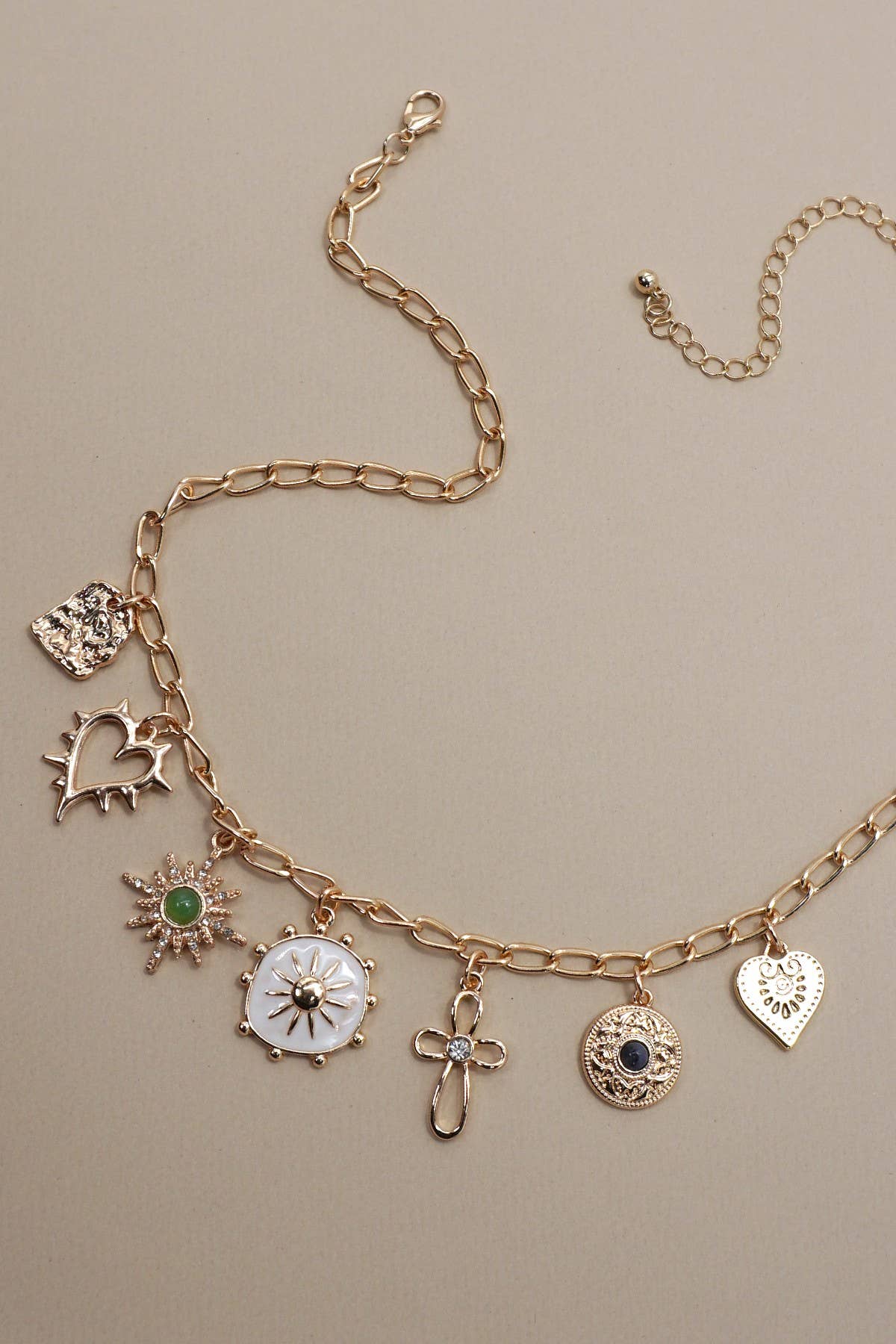 CHARM NECKLACE-HEART CROSS SUNBURST STONE