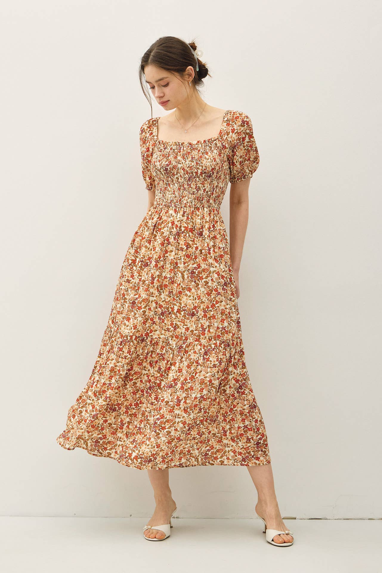 FLORAL PRINT SMOCKED BODICE TIERED MIDI DRESS