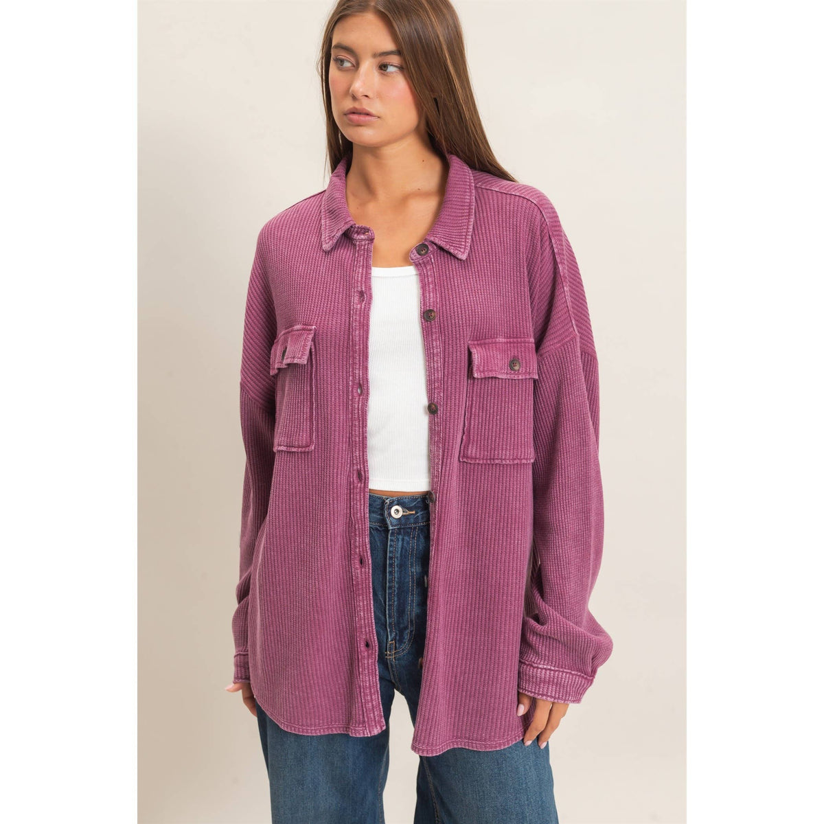 Mineral Wash Waffle Knit Button-Up Shacket
