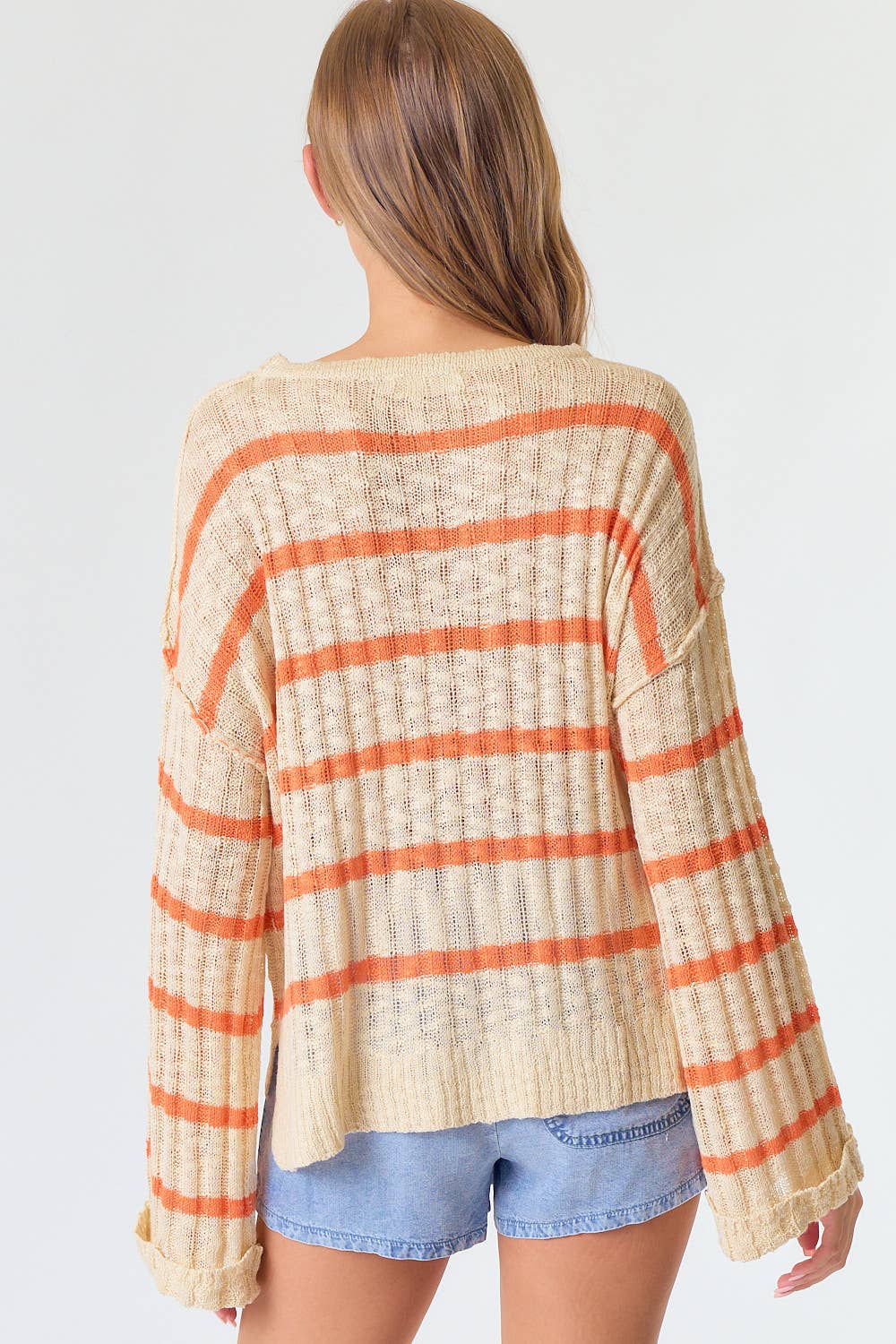 ORANGE BLOSSOM RIB TEXTURE STRIPE FLARED SLEEVE SWEATER