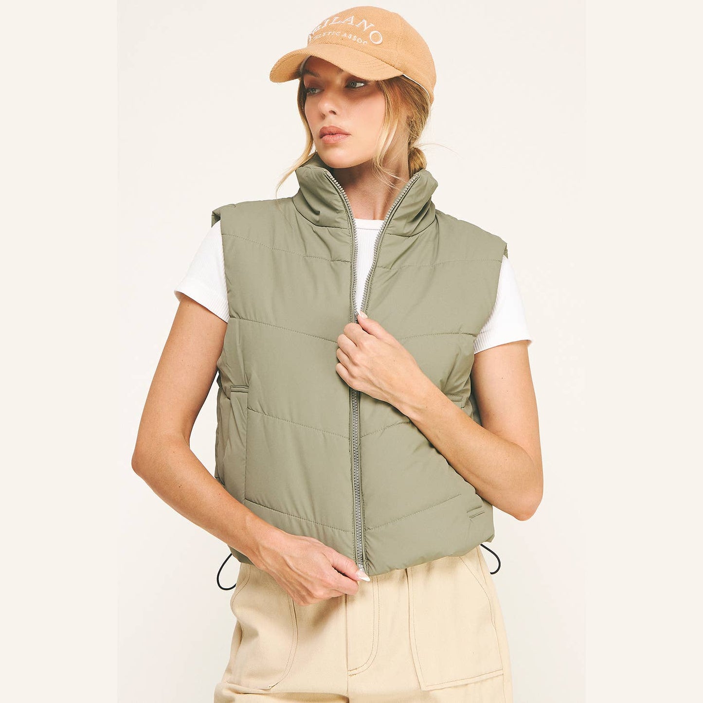 OLIVE CHEVRON QUILTED CROPPED PADDED VEST