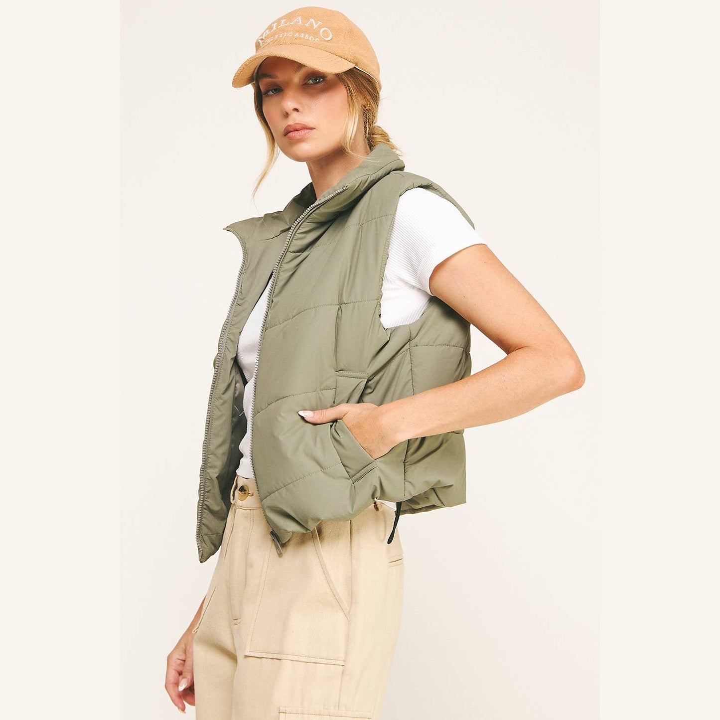 OLIVE CHEVRON QUILTED CROPPED PADDED VEST