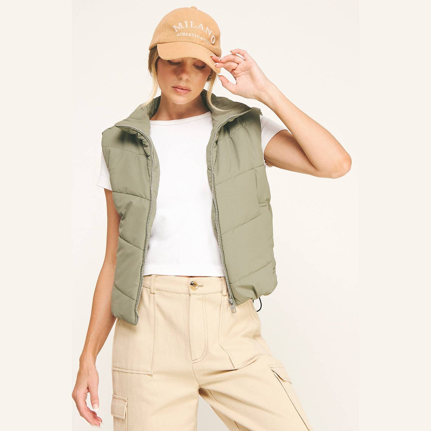 OLIVE CHEVRON QUILTED CROPPED PADDED VEST