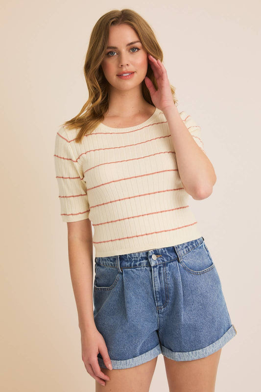 CREAM\PINK ROUND NECK STRIPE HALF SLEEVE RIBBED TOP