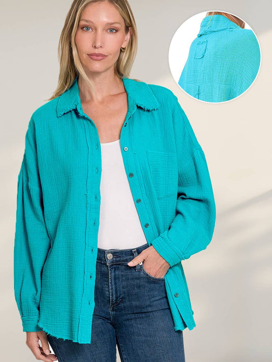 Oversized Raw Edge Shirt Button Up