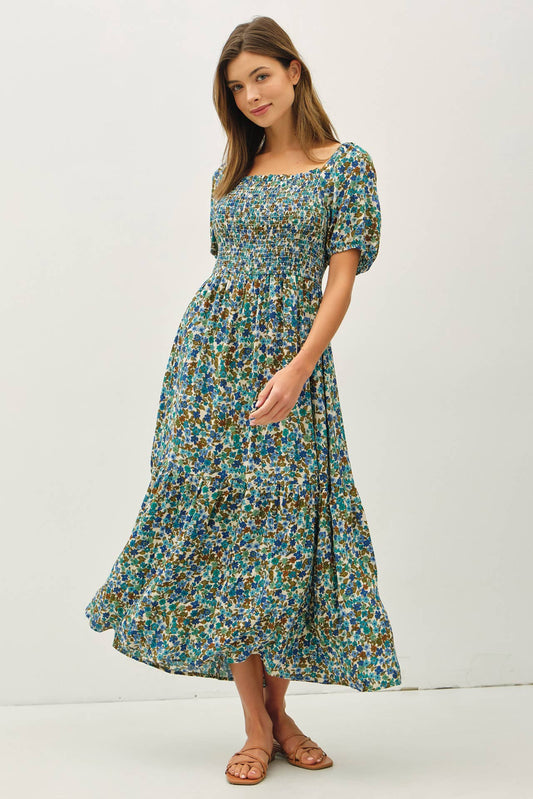 FLORAL PRINT SMOCKED BODICE TIERED MIDI DRESS