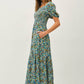 FLORAL PRINT SMOCKED BODICE TIERED MIDI DRESS