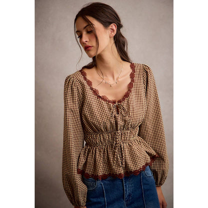 GINGHAM CHECK LACE TRIM RUCHED BODICE BLOUSE TOP