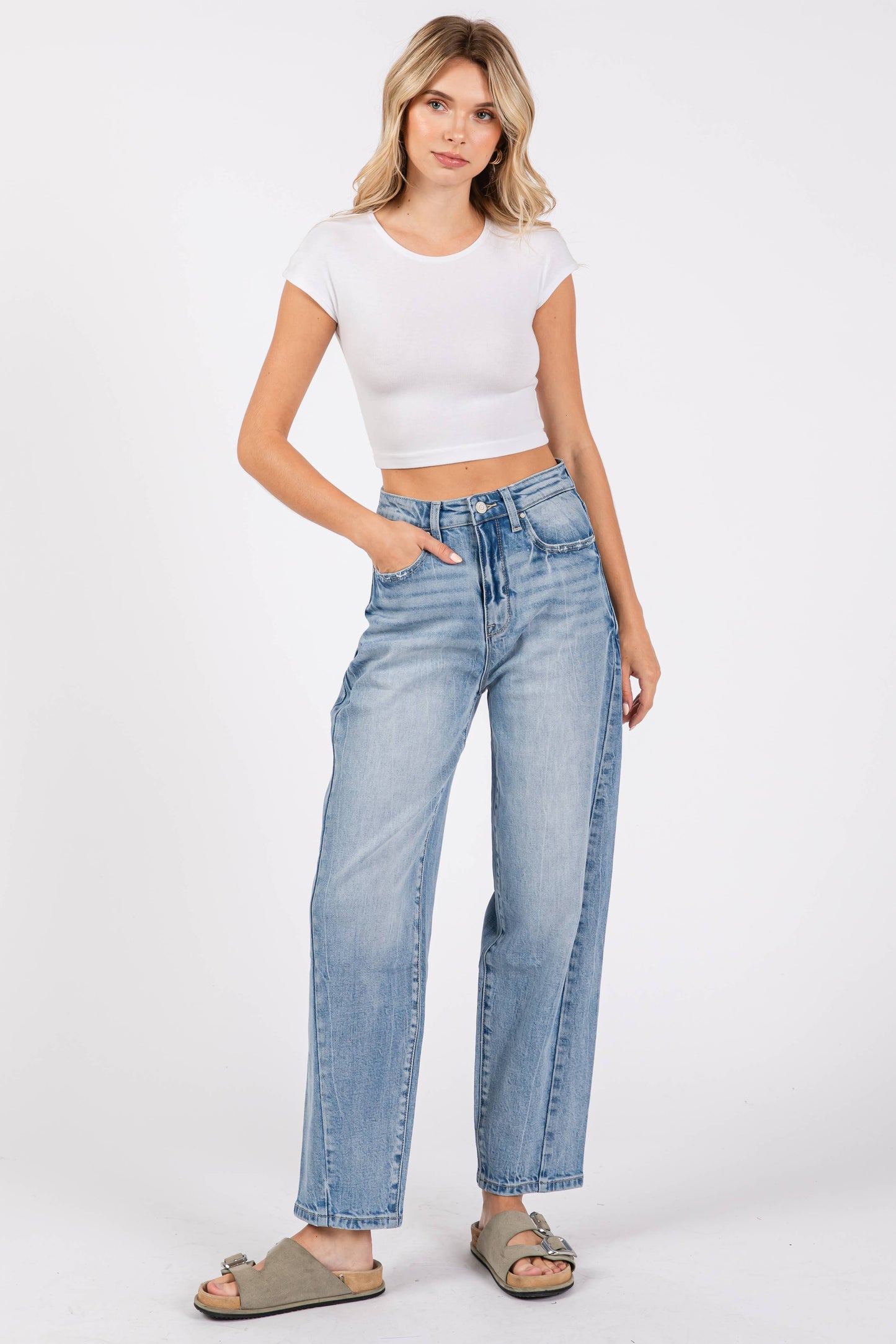 HARPER SIDE SEAM DETAILING HIGH RISE COMFORT BARREL JEANS