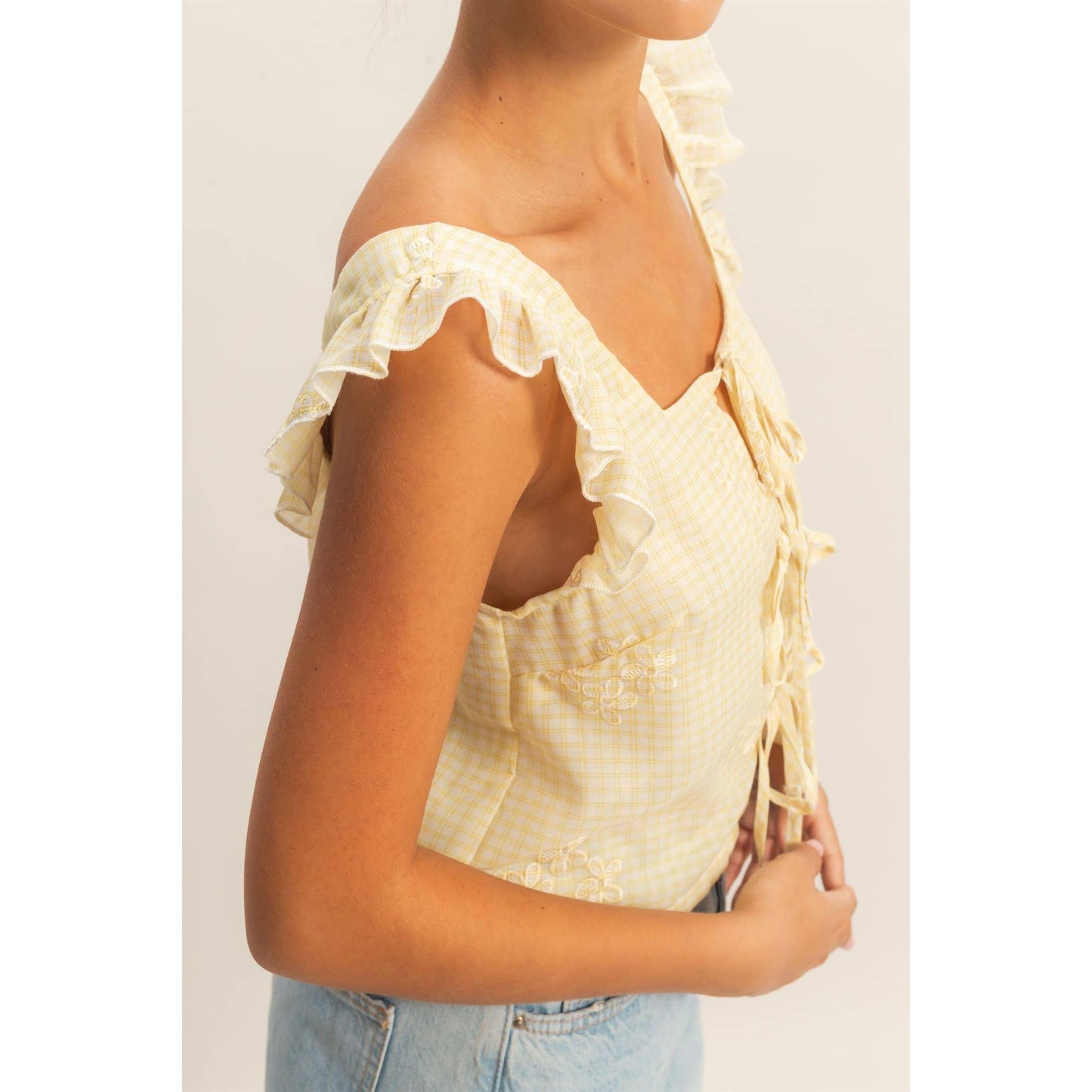 Embroidered Gingham Tie Front Top