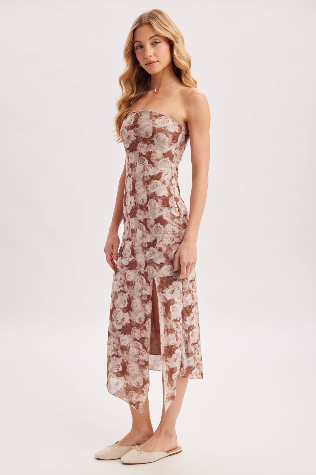 MOCHA ROSE STRAPLESS MIDI DRESS