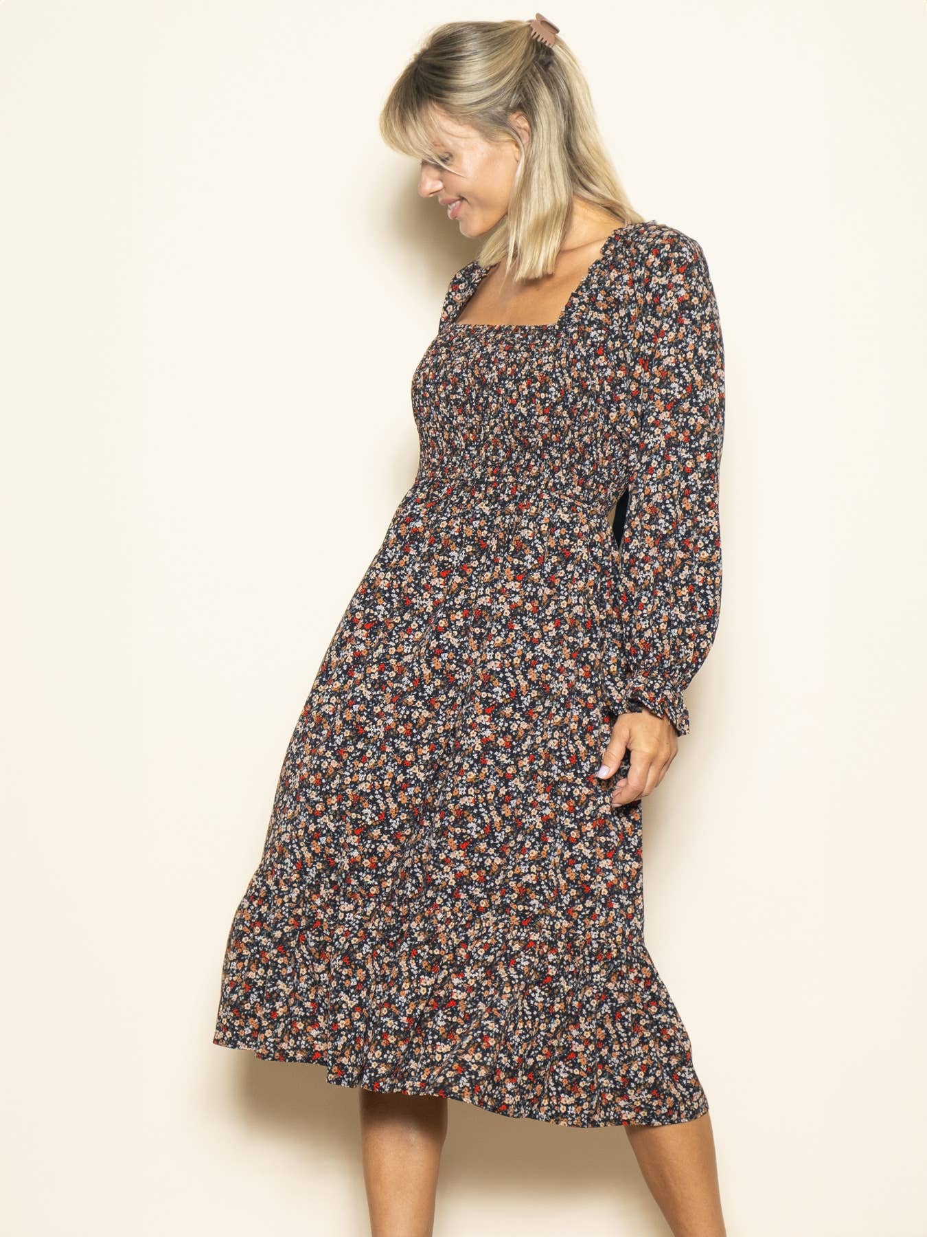 Long Sleeve Velvet Back Tie Floral Midi Dress with Pockets