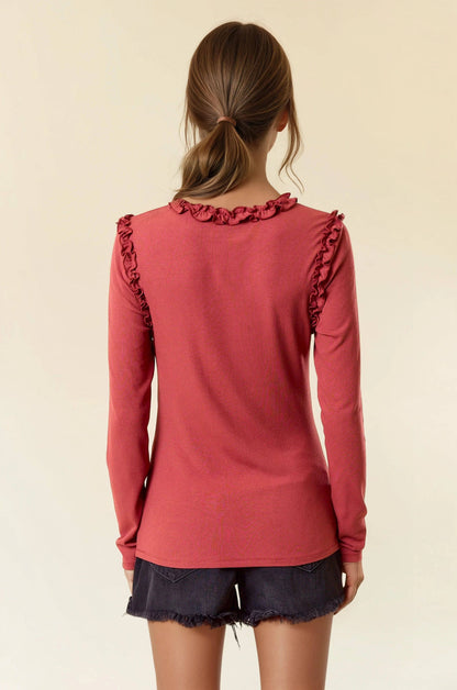 JILLIAN Soft Ribbed Ruffle Long Sleeve