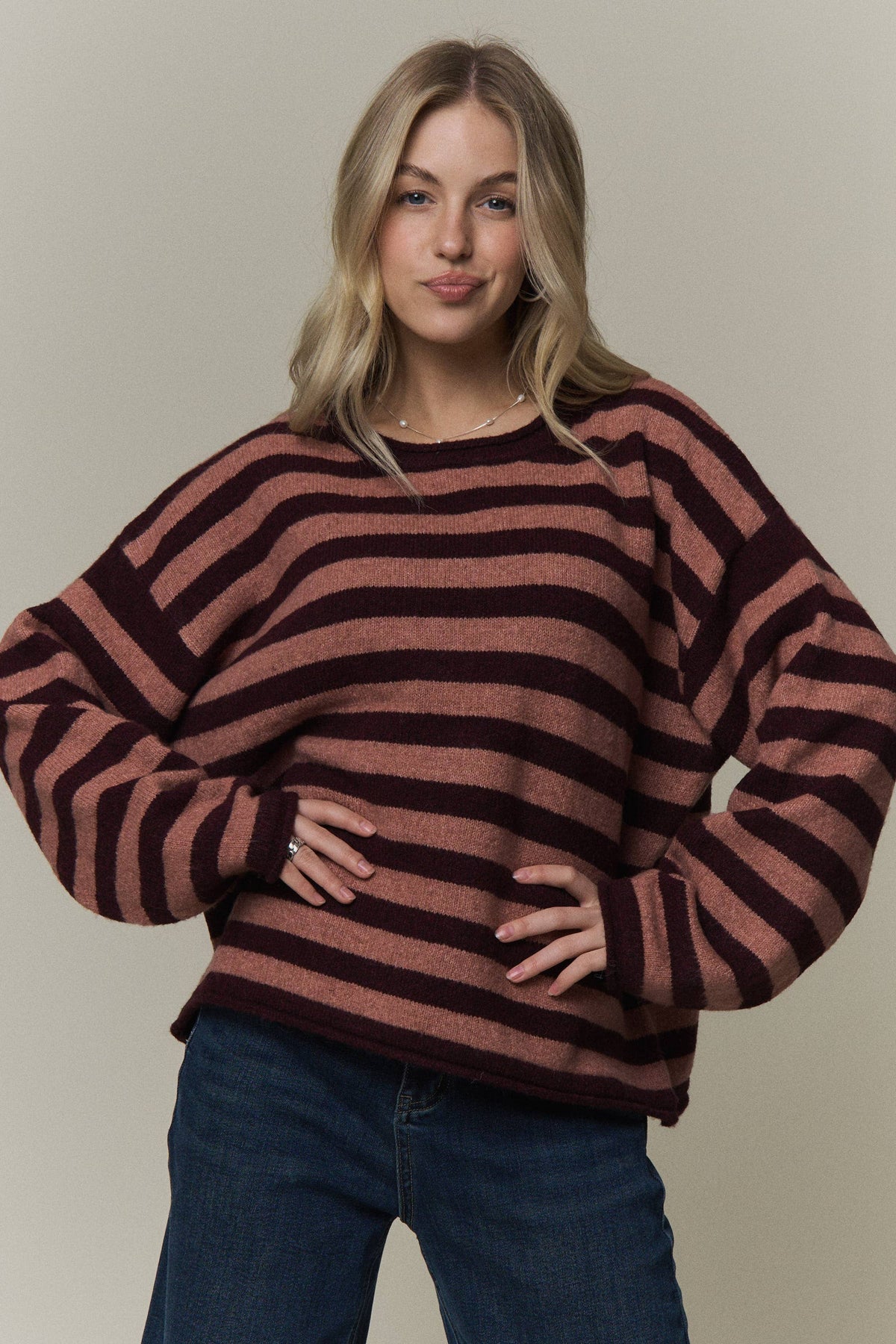 STRIPED ROLLED CREW NECK SWEATER