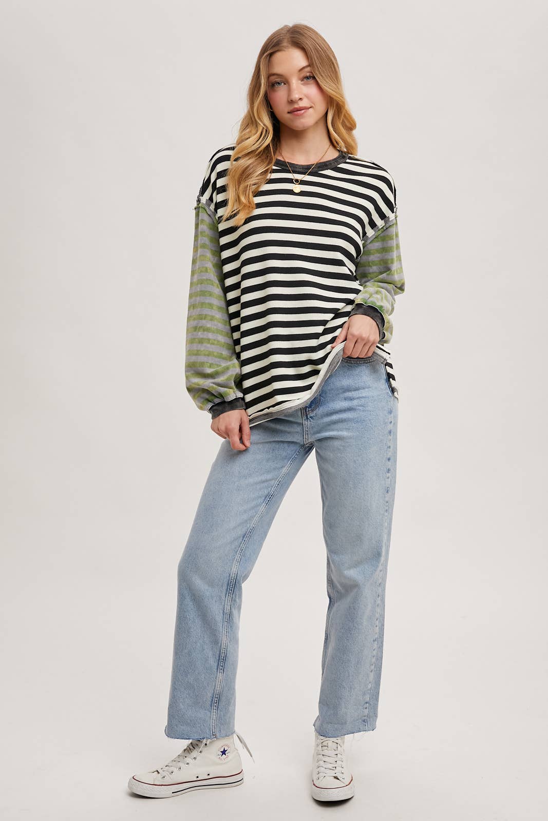 LAUREN STRIPE CONTRAST EXPOSED SEAM LOOSE FIT KNIT PULLOVER