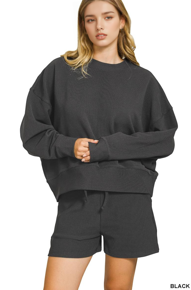 Ribbed Round Neck Pullover & Shorts Set - Zenana
