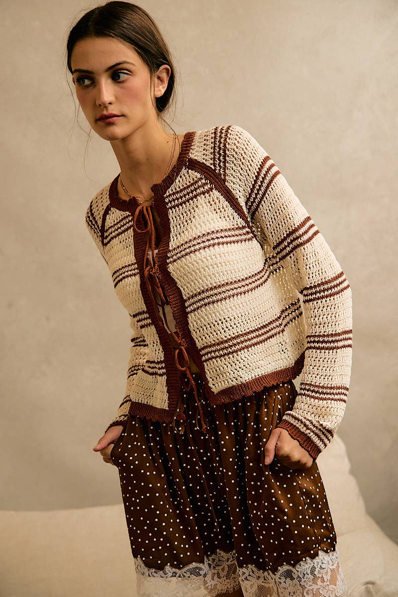 STRIPE OPEN KNIT TIE SWEATER TOP