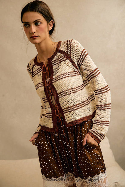 STRIPE OPEN KNIT TIE SWEATER TOP
