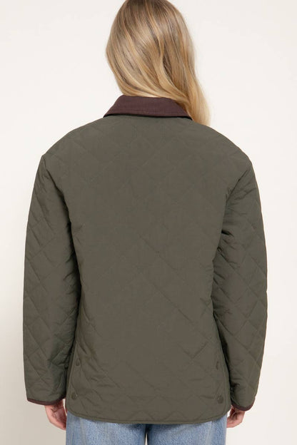 Lapel Collar Quilted Puffer Work Jacket w/ Pockets