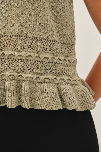 RUFFLED CROCHET TEXTURED KNIT TOP