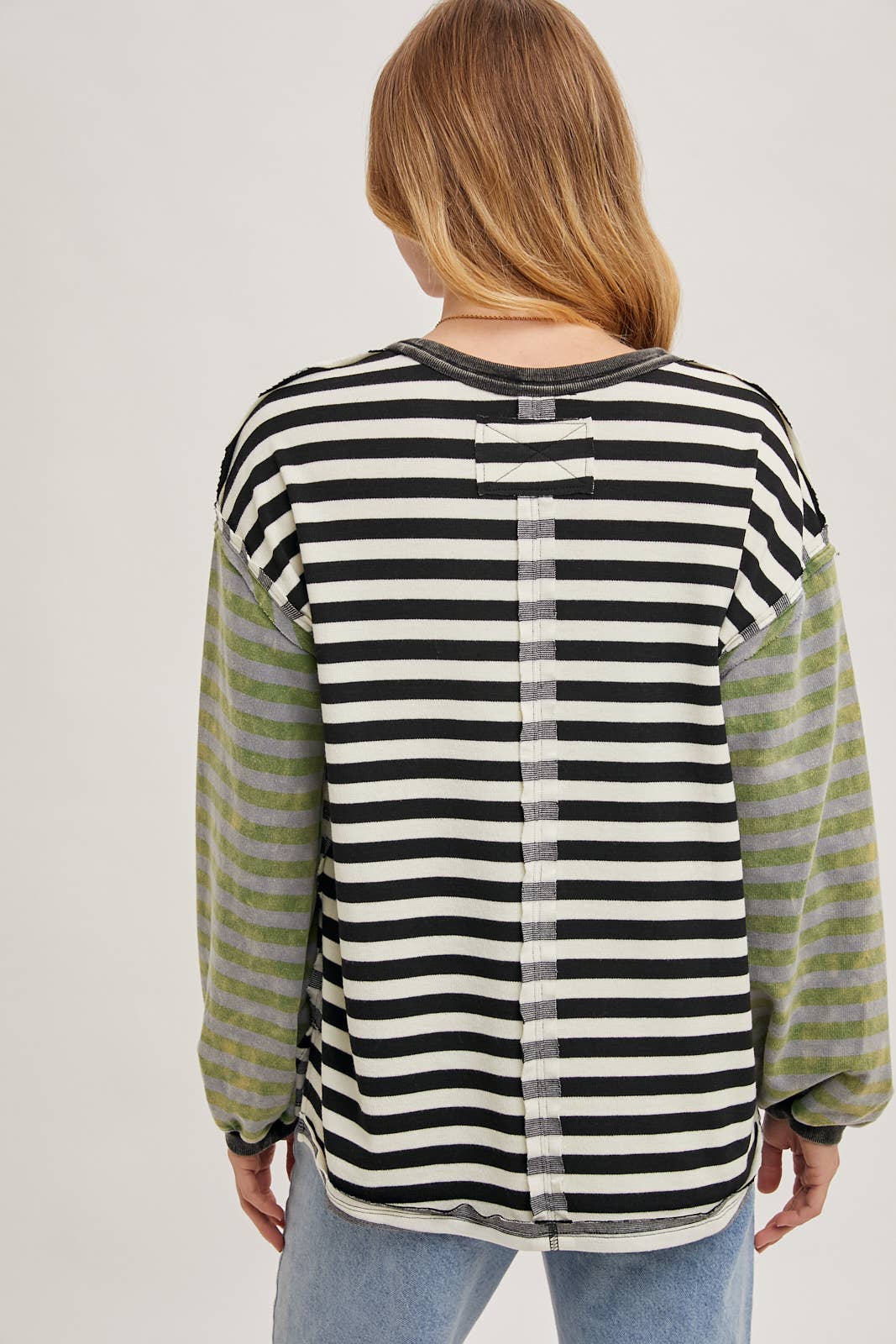LAUREN STRIPE CONTRAST EXPOSED SEAM LOOSE FIT KNIT PULLOVER