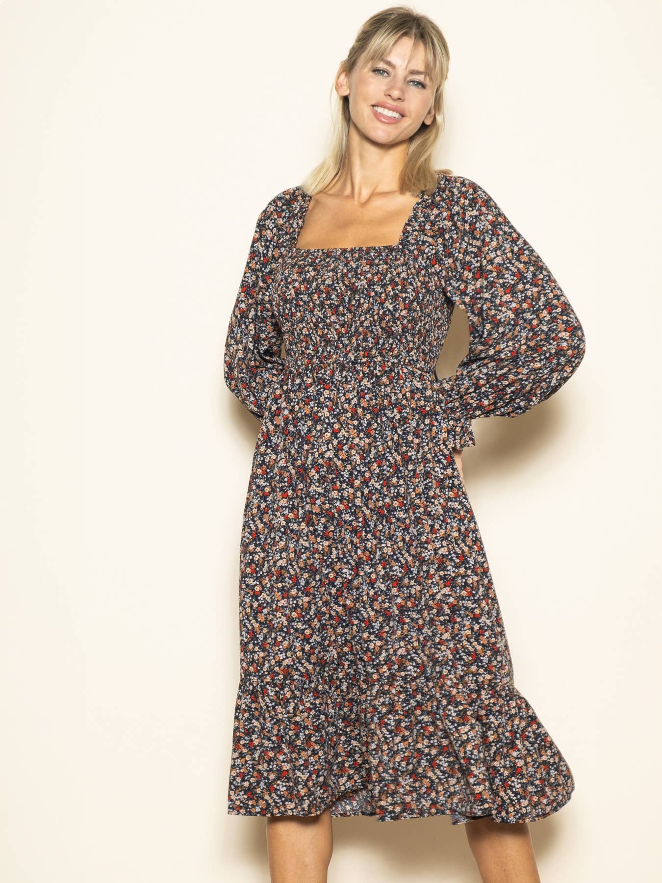 Long Sleeve Velvet Back Tie Floral Midi Dress with Pockets