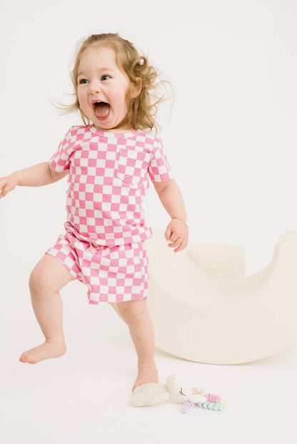 Pink Checkered Shorts Set