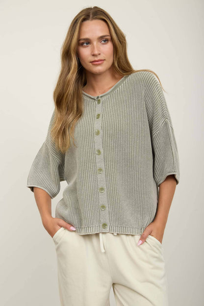 WASHED RIBBED SHORT SLEEVE ROLLED EDGE CARDIGAN