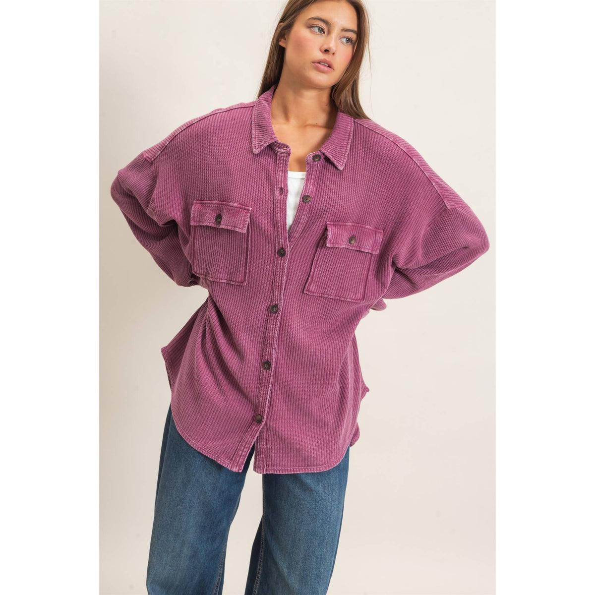 Mineral Wash Waffle Knit Button-Up Shacket