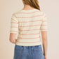 CREAM\PINK ROUND NECK STRIPE HALF SLEEVE RIBBED TOP